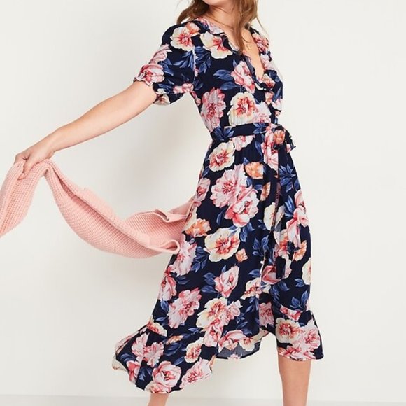 Old Navy Dresses & Skirts - 471 Waist-Defined Ruffled Tie-Belt Midi Wrap Dress